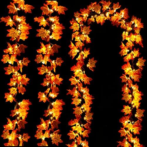[טיימר וחבילה 3] 30ft סתיו גרלנד חג ההודיה קישוטי סתיו 60 אורות עלה LED פטנט עלי ריאליסטיים עלים ריאליסטי